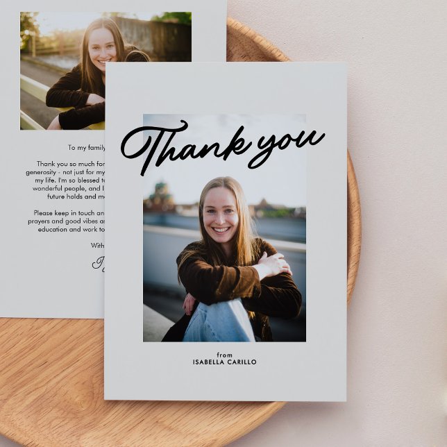 Modern trendy simple two photo graduation thank you card (Creator Uploaded)
