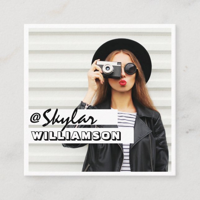 Modern Trendy Social Media Follow Me Photo Square Business Card (Front)