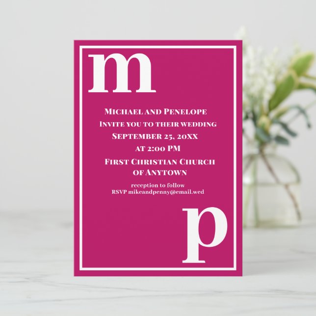 Modern Trendy Stylish Monogram Magenta Wedding  Invitation (Standing Front)
