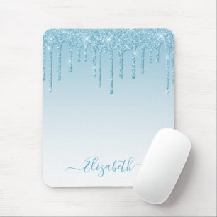 Modern Trendy Stylish Script Light Blue Glitter Mouse Pad