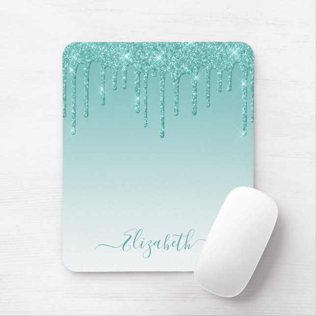 Modern Trendy Stylish Script Teal Glitter Mouse Pad (With Mouse)