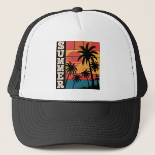 Modern Trendy Summer Sunset Beach Palm Tree Trucker Hat