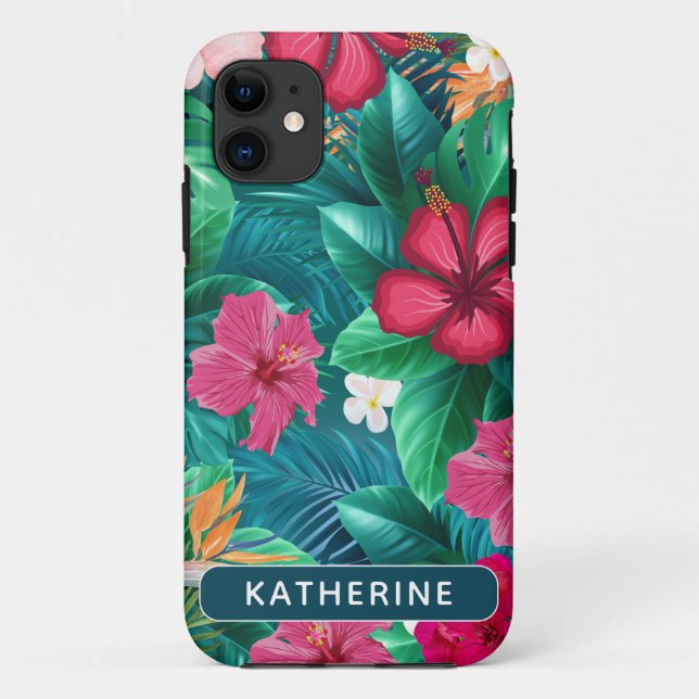 Modern trendy tropical flowers and leaves Monogram Case-Mate iPhone Case (Back)