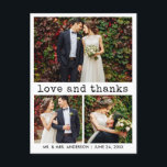 Modern Trendy Typewriter Text 3 Photo Thank You Postcard<br><div class="desc">Modern Trendy Typewriter Text Simple Minimalist,  Love & Thanks 3 Photo Wedding Photo Collage Thank You Postcard</div>