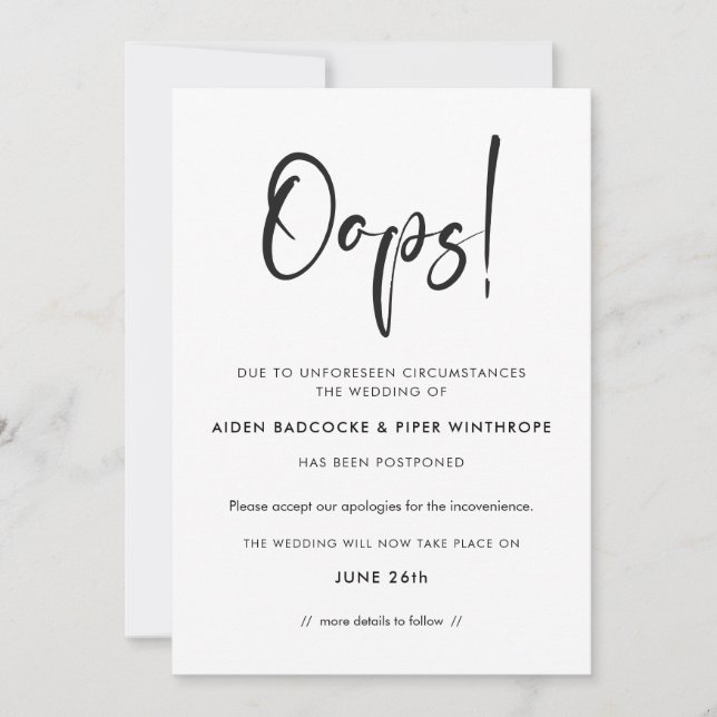 Modern trendy typography Oops wedding update Invitation (Front)