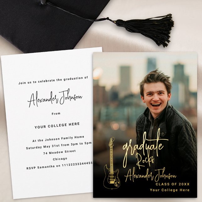 Modern Trendy Vertical Photo Graduation Party Gold (Modern trendy vertical photo rock music Graduation party gold foil invitation)