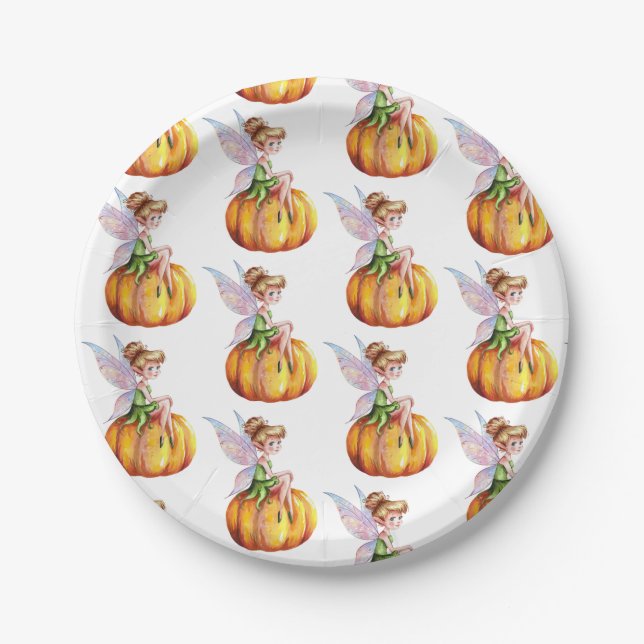 Modern Trendy Watercolor Fairy and Pumpkin         Paper Plate (Front)