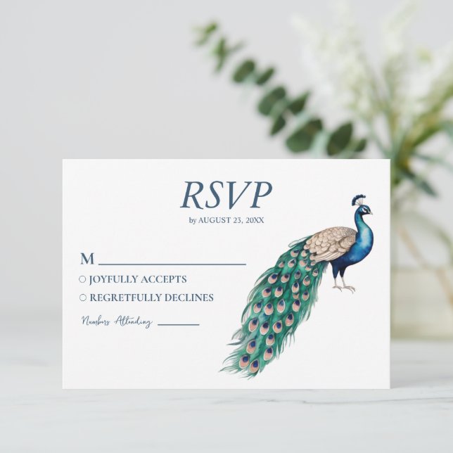 Modern Trendy Watercolor Peacock  RSVP Card (Standing Front)