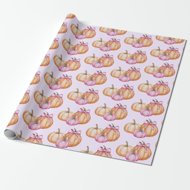 Modern Trendy Watercolor Pumpkin Coquette Bow      Wrapping Paper (Unrolled)