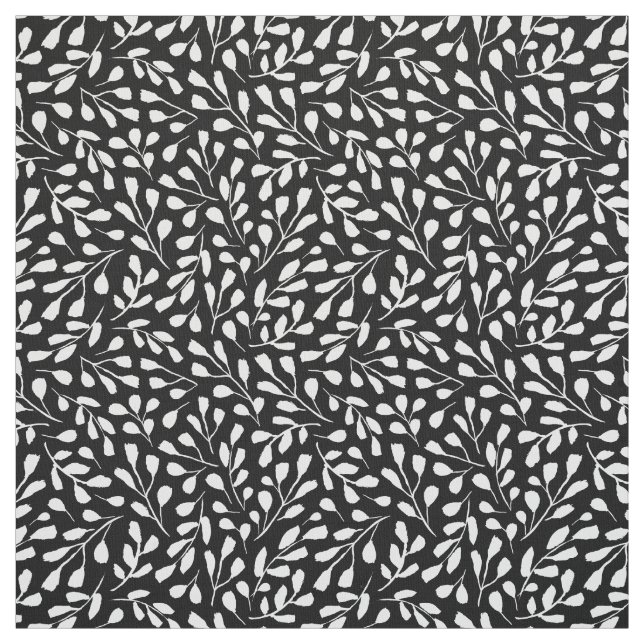 Modern Trendy White Botanical Leaf Pattern Black Fabric (Swatch)