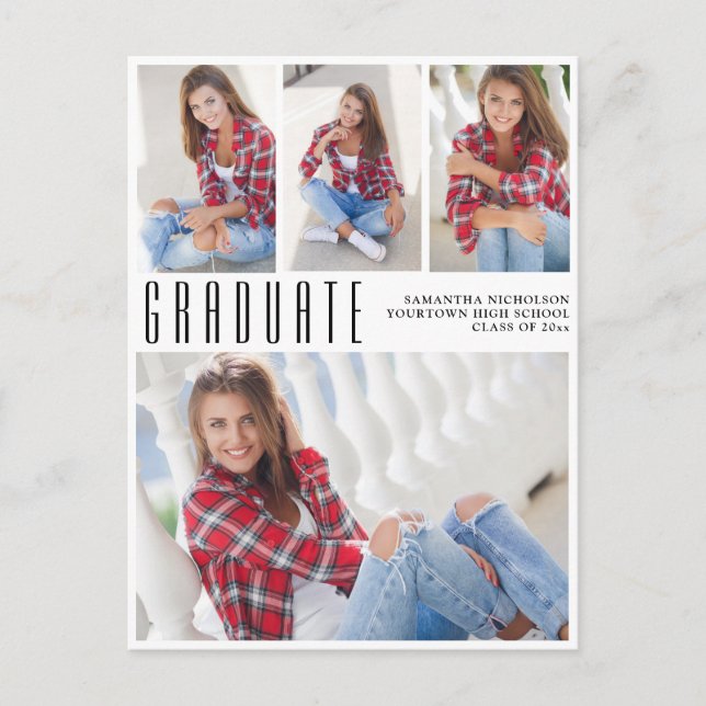 Modern Trendy White Graduation 4 Photo Collage Invitation Postcard (Front)
