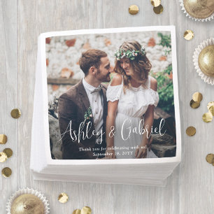 Modern Trendy White Script Photo Overlay Wedding Napkin