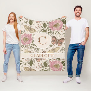 Modern Trendy Wildflower Botanical Floral Monogram Fleece Blanket