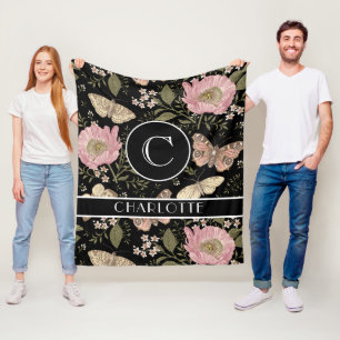 Modern Trendy Wildflower Botanical Floral Monogram Fleece Blanket