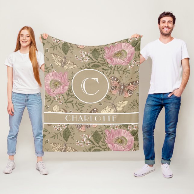 Modern Trendy Wildflower Botanical Floral Monogram Fleece Blanket (In Situ)