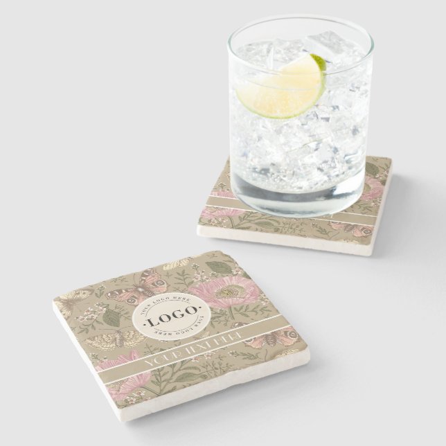 Modern Trendy Wildflower Botanical Floral Monogram Stone Coaster (Side)