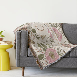 Modern Trendy Wildflower Botanical Floral Monogram Throw Blanket