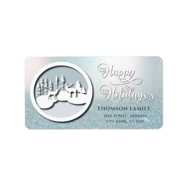 Modern trendy Winter scene Happy Holidays Label (Front)