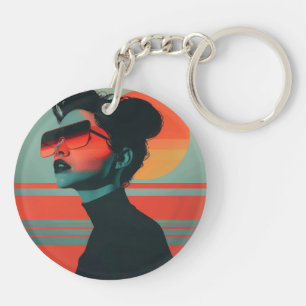 Modern Trendy Woman Retro Sunset Keychain