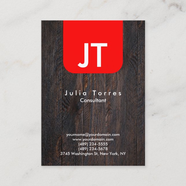 Modern Trendy Wood Red Monogram Business Card (Front)