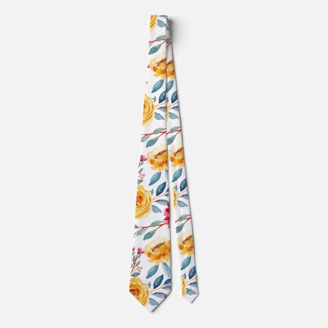 Modern Trendy Yellow Red Floral Watercolor Pattern Tie (Front)