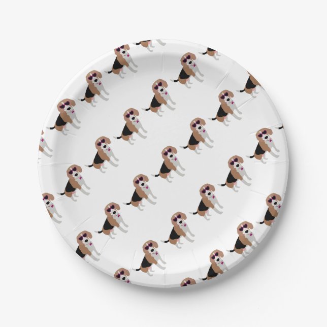 Modern tri-colour beagle dog paper plate (Front)