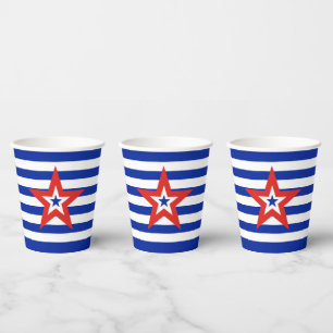 Modern Tri-Coloured Star on Blue/White Striped Paper Cups