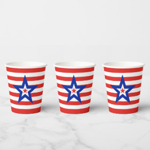 Modern Tri-Coloured Star on Red/White Striped Paper Cups