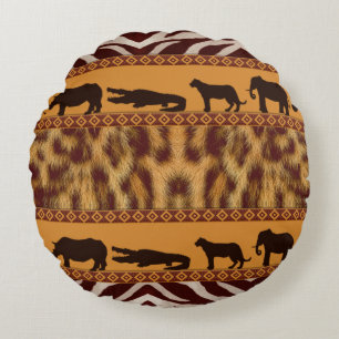 Modern Tribal African Leopard Pattern Animal Print Round Cushion