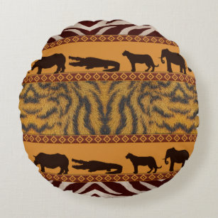 Modern Tribal African Tiger Pattern Animal Print Round Cushion