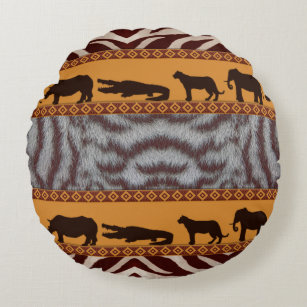 Modern Tribal African White Tiger Animal Print Round Cushion