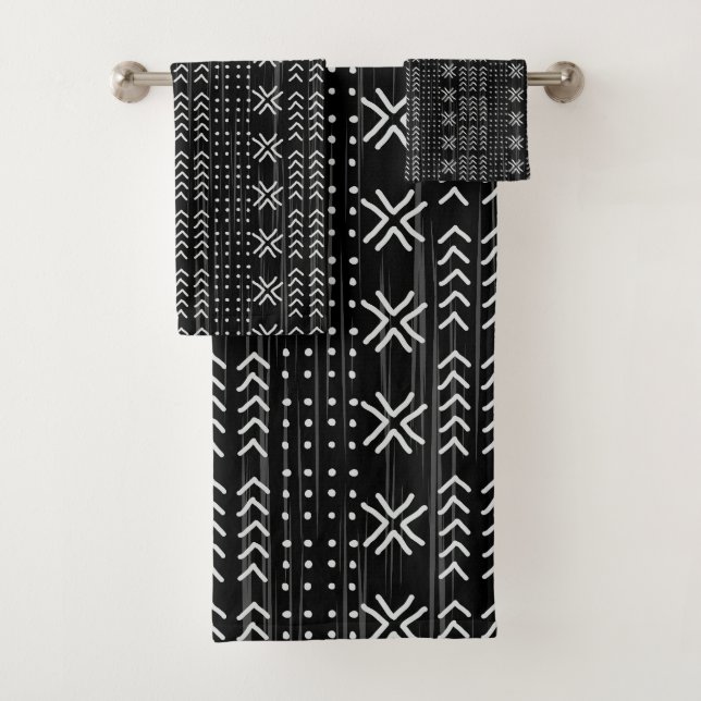 Modern Tribal Black White Mudcloth African Pattern Bath Towel Set (Insitu)