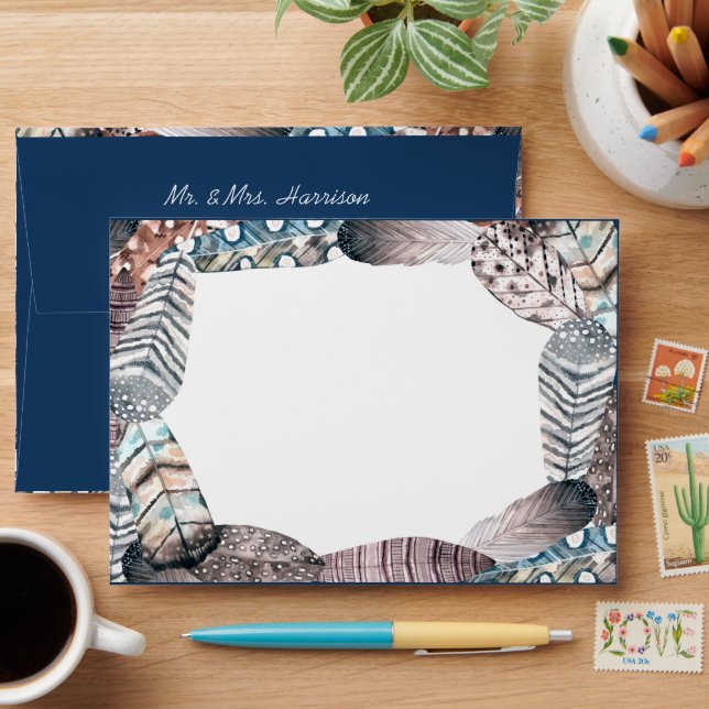 Modern Tribal Feathers Bohemian Wedding Envelopes (Desk)