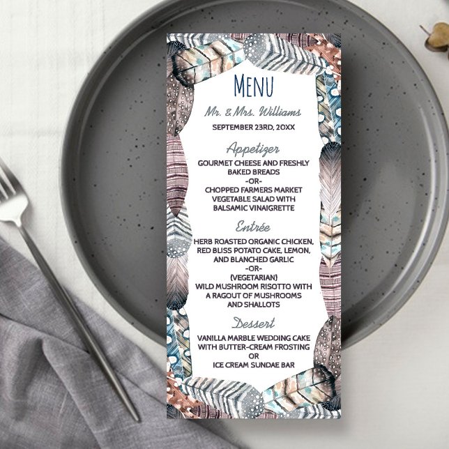 Modern Tribal Feathers Bohemian Wedding Menu (Creator Uploaded)