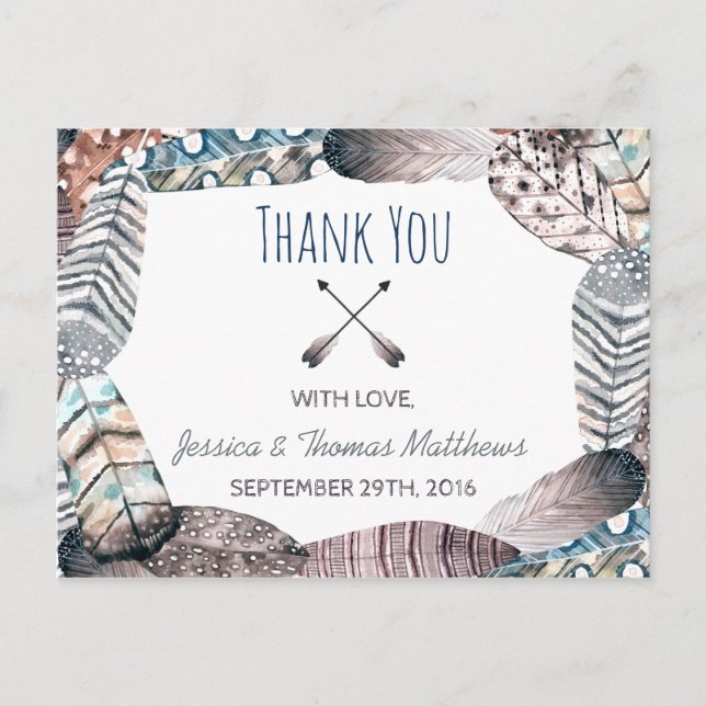 Modern Tribal Feathers Bohemian Wedding Thank You Postcard (Front)