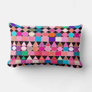 Modern Tribal Geometric, Jewel Colours on Black Lumbar Cushion