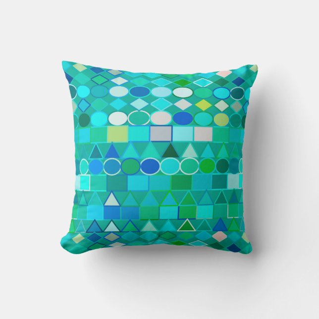 Modern Tribal Geometric, Sea Glass Aqua and Blue Cushion (Front)