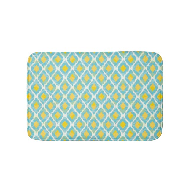 Modern tribal ikat blue yellow fashion bath mat (Front)