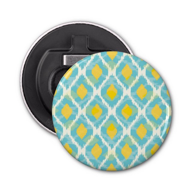 Modern tribal ikat blue yellow fashion bottle opener (Front)