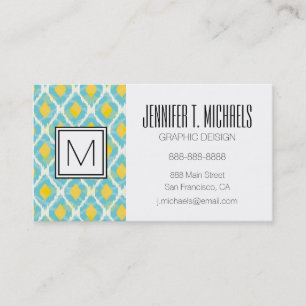 Modern tribal ikat blue yellow fashion business card