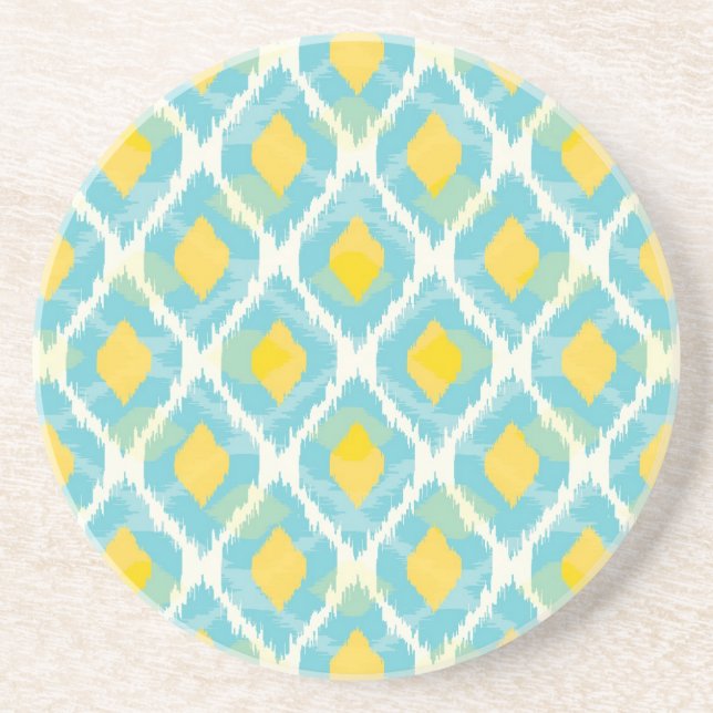 Modern tribal ikat blue yellow fashion coaster (Front)