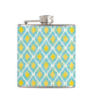 Modern tribal ikat blue yellow fashion hip flask