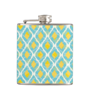 Modern tribal ikat blue yellow fashion hip flask