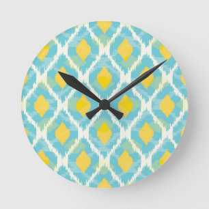 Modern tribal ikat blue yellow fashion round clock