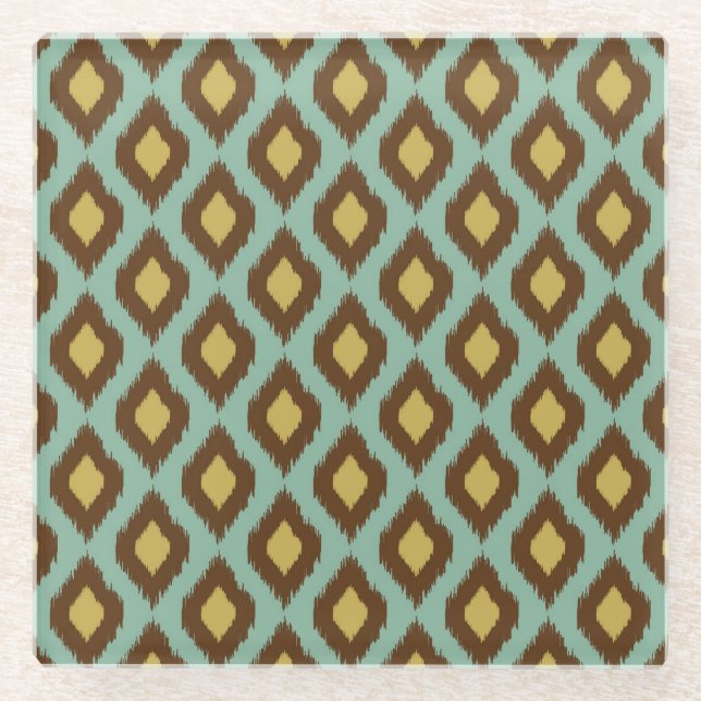 Modern tribal ikat blue yellow modern glass coaster (Front)