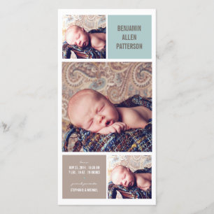 Modern Trio Photo Baby Boy Birth Announcement