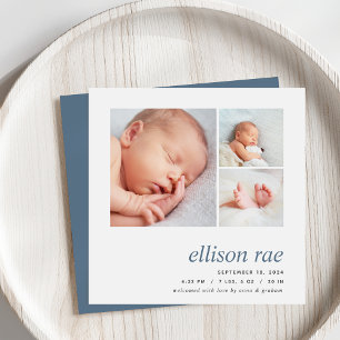 Modern Trio   Simple Minimal Photo Birth Announcement