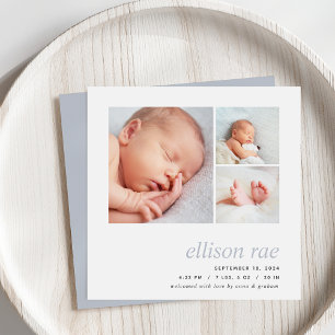 Modern Trio   Simple Minimal Photo Birth Announcement