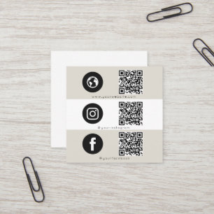 Modern Triple Icon & QR Code Social Media Beige Square Business Card