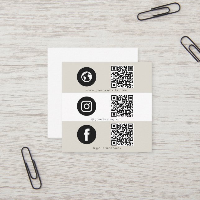 Modern Triple Icon & QR Code Social Media Beige Square Business Card (Front/Back In Situ)
